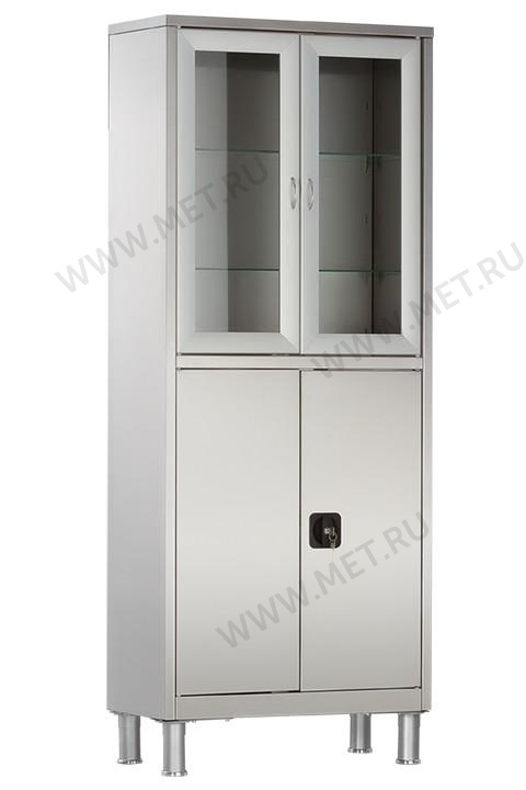 МСК-5647.02 (70*32.5*175) Шкаф медицинский двухсекционный, нерж, верхние дверцы - стекло от производителя