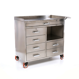 Столик анестезиолога из нержавеющей стали 6 ящиков,  столешница закаленное стекло