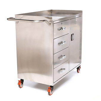 Столик анестезиолога с 4 выдвижными ящиками, столешница закаленное стекло