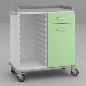 Широкий стол анестезиолога с ящиком и дверцей справа, гребёнками для корзин слева