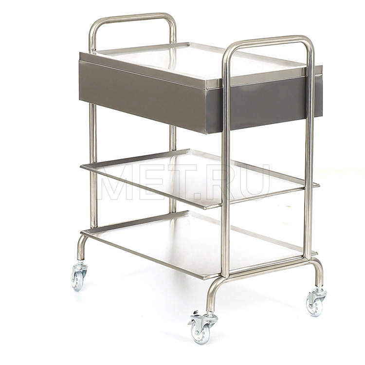 МЕТ BLQ 013 Столик манипуляционный из нержавеющей стали с 3 полками и 2 ящиками МЕТ