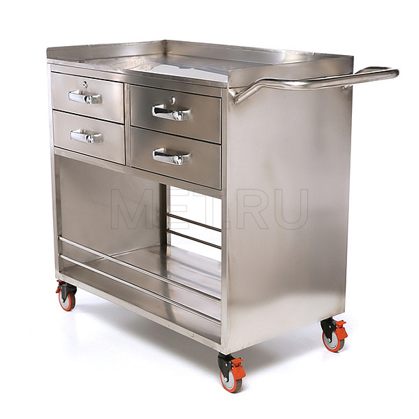 МЕТ BLQ 013 Стол анестезиолога с четырьмя ящиками и нишей, столешница закаленное стекло