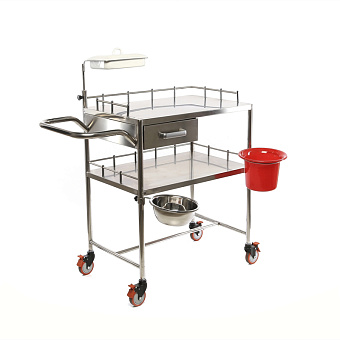 Столик манипуляционный из нерж.стали с выдвижным ящиком, 2 полками и 2 поворотными лотками