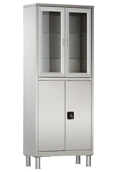 Шкаф медицинский двухсекционный, нерж, верхние дверцы - стекло