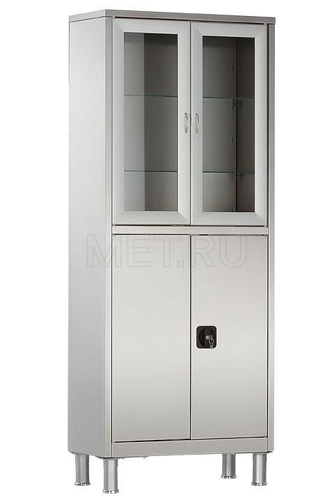 МСК-5647.02 (70*32.5*175) Шкаф медицинский двухсекционный, нерж, верхние дверцы - стекло от производителя