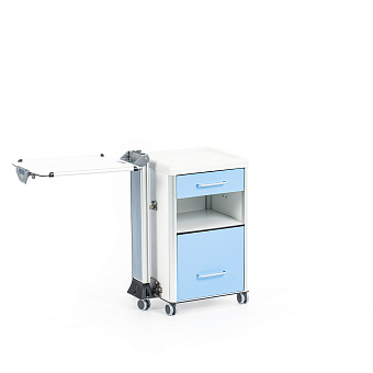 Прикроватная тумба из HPL-пластика, с выдвижным поворотно-откидным столиком, фасад голубой