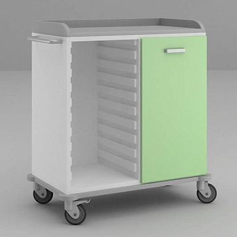 ТММ.02.07 Широкий стол анестезиолога с отделением с дверцей справа и отделением с гребёнками для съёмных корзин в левой части