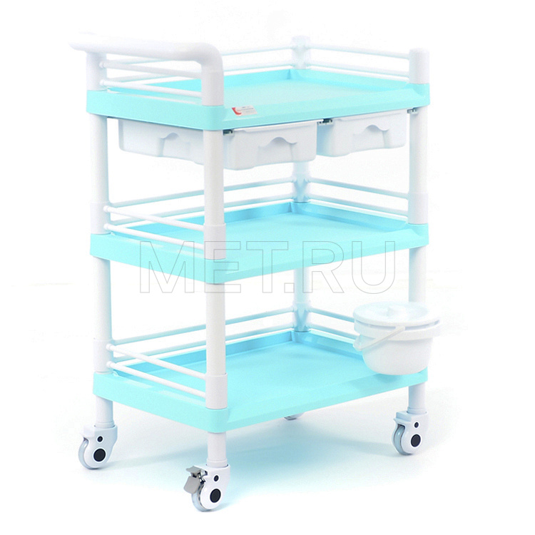 МЕТ SPY-130 Стол манипуляционный медицинский трёхполочный с двумя выдвижными ящиками, цвет "Морская волна"