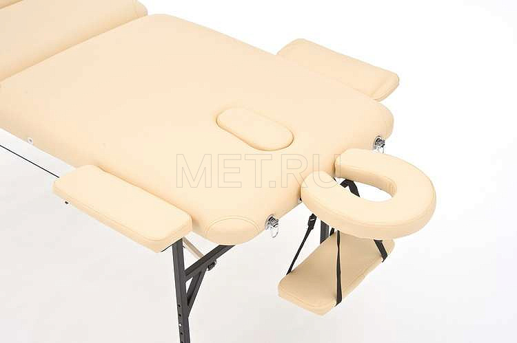 Головная секция с подковообразным подголовником, люверсом в панели и расширителями ложа JFST02 Раскладной трёхсекционный массажный стол на стальном каркасе, бежевый