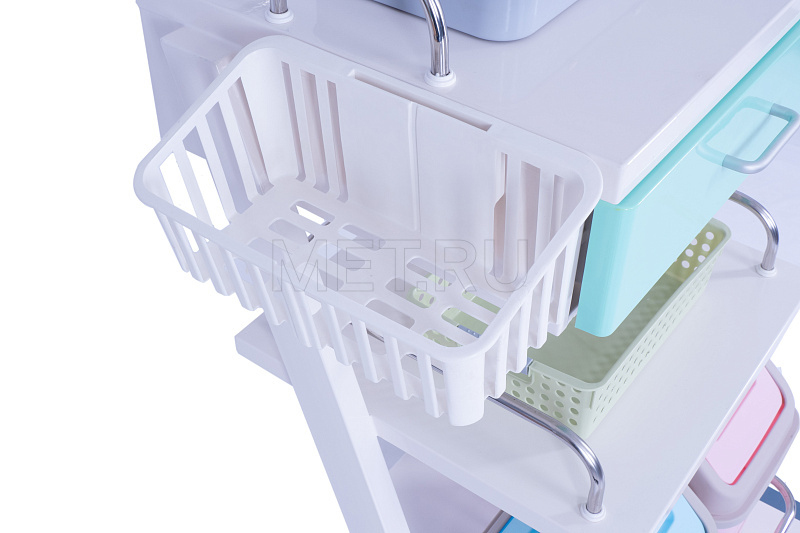 МЕТ AVK-130 Столик-тележка медицинский трёхполочный с выдвижным ящиком и набором аксессуаров MET