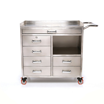 Столик анестезиолога из нержавеющей стали 6 ящиков,  столешница закаленное стекло