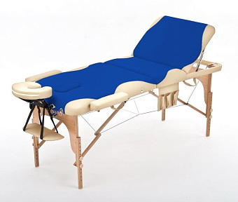 Складной массажный стол трёхсекционный деревянный, сине-бежевый