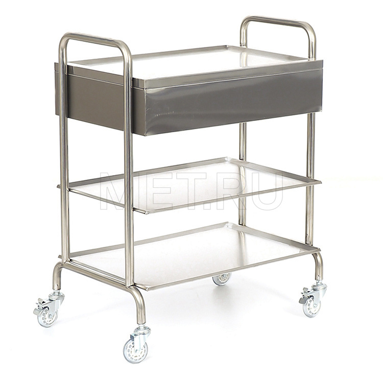 МЕТ BLQ 013 Столик манипуляционный из нержавеющей стали с 3 полками и 2 ящиками МЕТ
