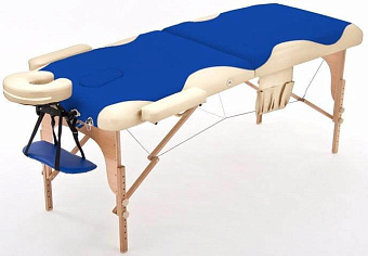 Складной массажный стол двухсекционный деревянный, сине-бежевый