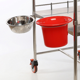 Столик манипуляционный из нерж.стали с выдвижным ящиком, 2 полками и 2 поворотными лотками