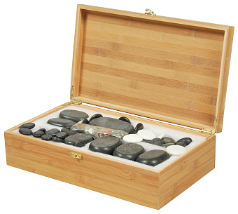 Набор массажных камней из базальта в коробке из бамбука (60 шт.)