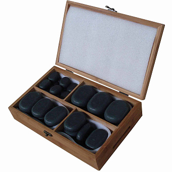Набор массажных камней из базальта в коробке из бамбука (36 шт.)