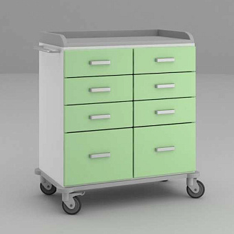 Широкий стол анестезиолога с шестью средними и парой больших выдвижных ящиков