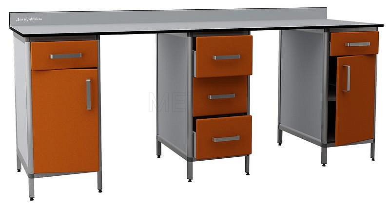 Двухместный высокий лабораторный стол с тремя разными тумбами ДМ-2-006-32 Двухместный высокий лабораторный стол с тремя разными тумбами