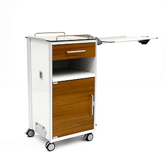 Прикроватная тумба из HPL-пластика, с выдвижным поворотно-откидным столиком, фасады под дерево