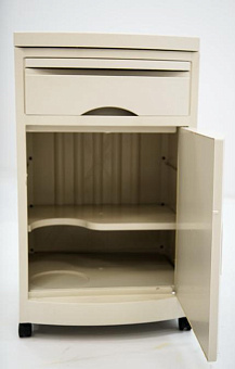 Тумбочка прикроватная из пластика, на колесах, пластиковая накладка на топе