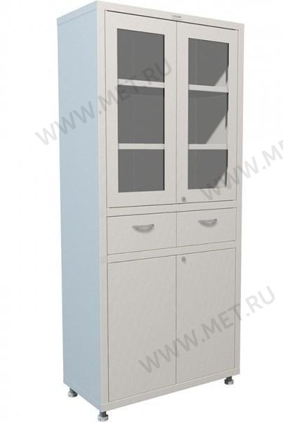 Эконом2 1780 (R-2) (80*40*175) Металлический шкаф с двухстворчатой витриной, двумя выдвижными ящиками, отделеним за двухстворчатыми глухими дверями от производителя
