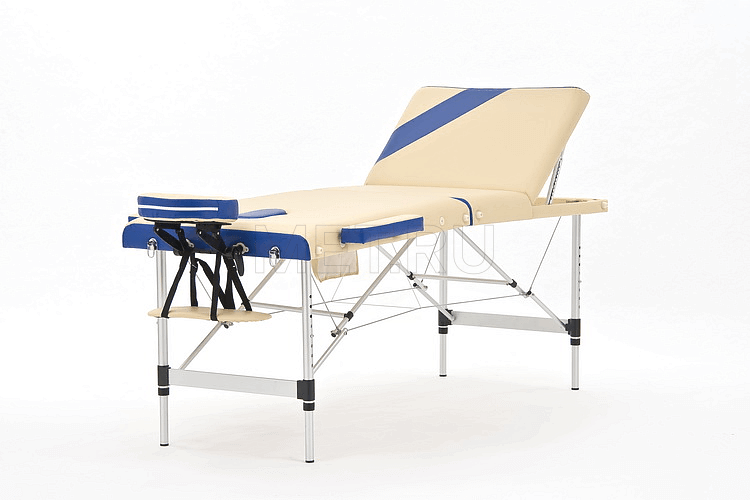 JF AL01А Складной трёхсекционный алюминиевый массажный стол, бежево-синий