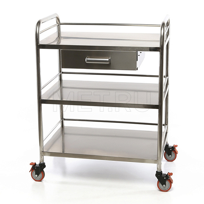 МЕТ BLQ 013 Столик манипуляционный медицинский из нерж.стали с тремя полками и выдвижным ящиком от производителя