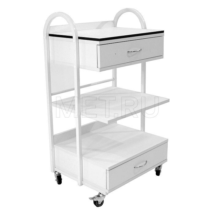 Ст-10д Процедурный передвижной столик из cтального профиля, полки HPL/ЛДСП MET