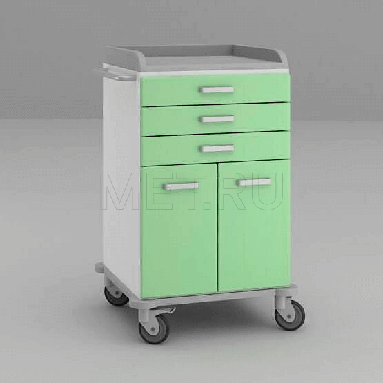 ТММ-0108 Стол анестезиолога с тремя малыми выдвижными ящиками и отделением с полкой, закрытым распашными дверцами