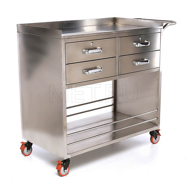 Стол анестезиолога с четырьмя ящиками и нишей, столешница закаленное стекло МЕТ BLQ 013 Стол анестезиолога с четырьмя ящиками и нишей, столешница закаленное стекло