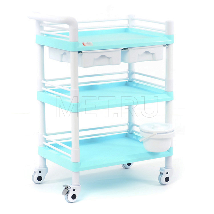 МЕТ SPY-130 Стол манипуляционный медицинский трёхполочный с двумя выдвижными ящиками, цвет "Морская волна" МЕТ