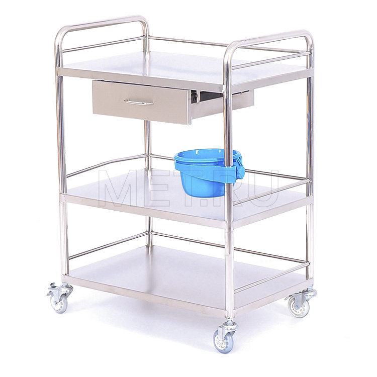 МЕТ ТN-400 Столик манипуляционный из нержавеющей стали с тремя полками и ящиком