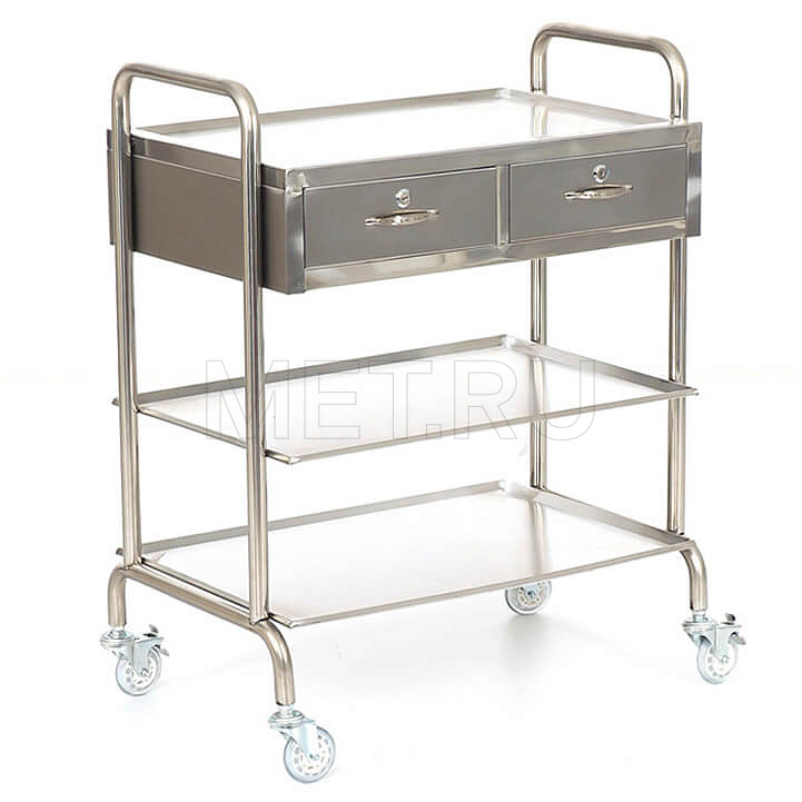 МЕТ BLQ 013 Столик манипуляционный из нержавеющей стали с 3 полками и 2 ящиками