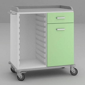 Широкий стол анестезиолога с ящиком и дверцей справа, гребёнками для корзин слева