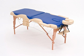 Складной массажный стол двухсекционный деревянный, сине-бежевый
