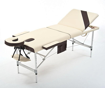 Стол массажный алюминиевый трёхсекционный. Кремовая панель с коричневым кантом