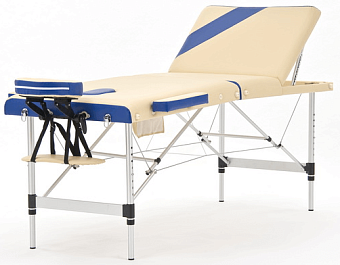Складной трёхсекционный алюминиевый массажный стол, бежево-синий