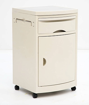 Тумбочка медицинская белая, на колесах, накладка из нержавейки на топе