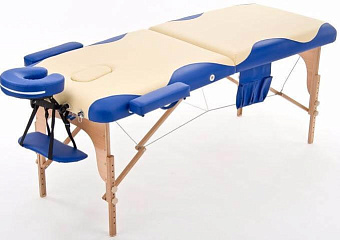 Складной массажный стол 2-х секционный деревянный, бежево-синий