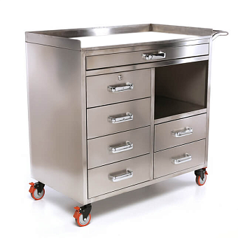 Столик анестезиолога из нержавеющей стали 6 ящиков,  столешница закаленное стекло