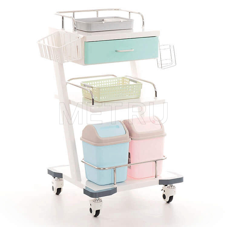 Столик-тележка медицинский трёхполочный с выдвижным ящиком и набором аксессуаров МЕТ AVK-130 Столик-тележка медицинский трёхполочный с выдвижным ящиком и набором аксессуаров