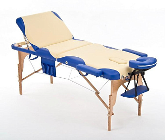 Складной массажный стол трёхсекционный деревянный, бежево-синий