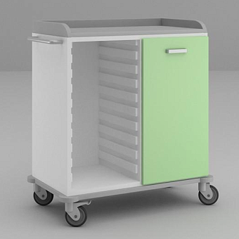 ТММ.02.07 Широкий стол анестезиолога с отделением с дверцей справа и отделением с гребёнками для съёмных корзин в левой части