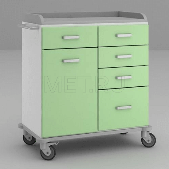 ТММ-0204 Широкий стол анестезиолога с пятью выдвижными ящиками и отделением за глухой дверцей