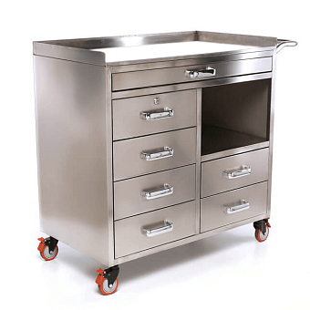 Столик анестезиолога из нержавеющей стали 6 ящиков,  столешница закаленное стекло