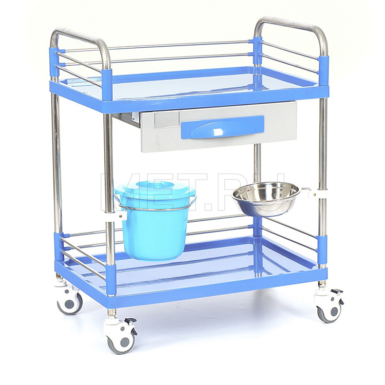 Стол манипуляционный медицинский с двумя полками, тазом и ведерком на кронштейнах МЕТ SIY-140 Стол манипуляционный медицинский с двумя полками, тазом и ведерком на кронштейнах