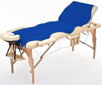 Складной массажный стол трёхсекционный деревянный, сине-бежевый