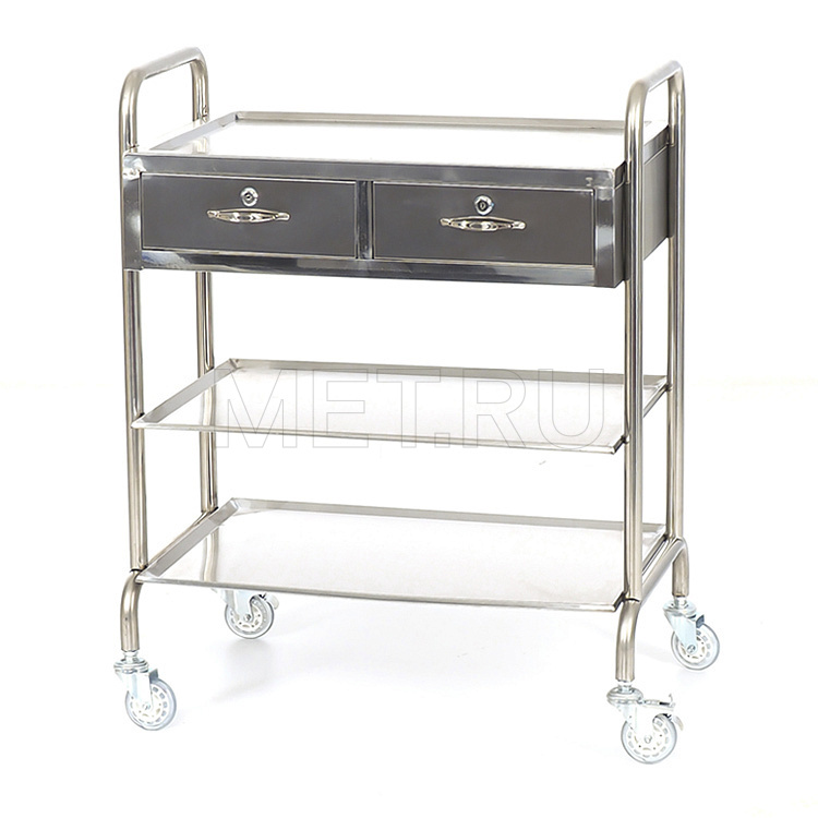 МЕТ BLQ 013 Столик манипуляционный из нержавеющей стали с 3 полками и 2 ящиками