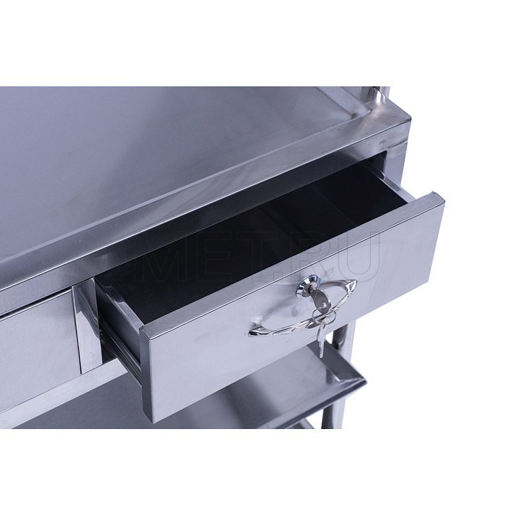 МЕТ BLQ 013 Столик манипуляционный из нержавеющей стали с 3 полками и 2 ящиками